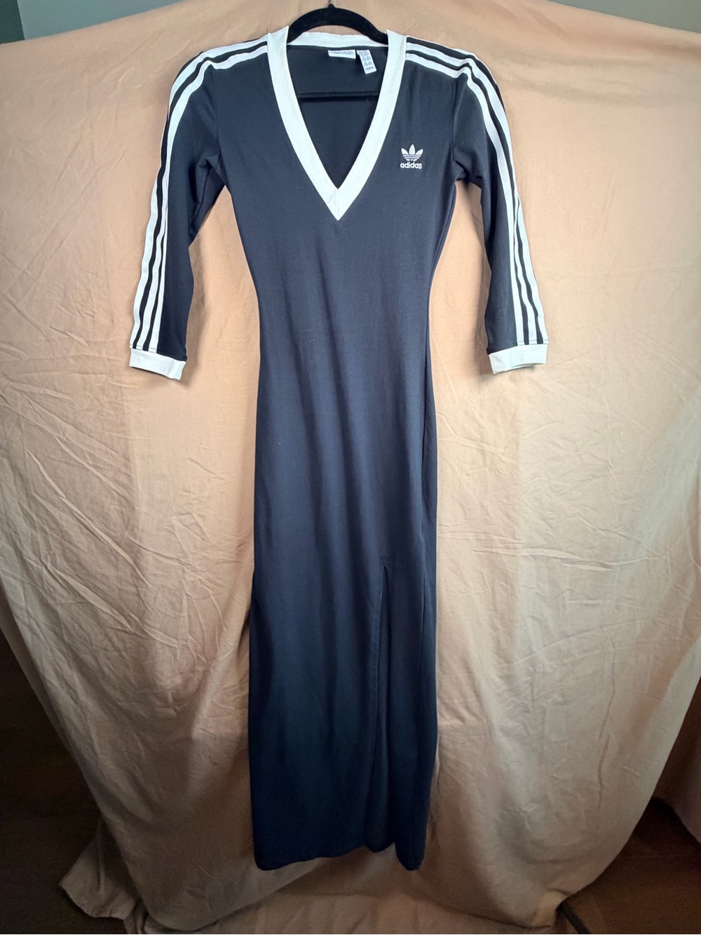 Adidas Originals 3 Stripe Maxi Dress Black White Trefoil Y2K Sporty 2XS